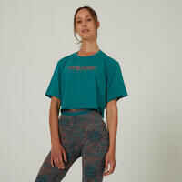 Moteriški trumparankoviai trumpi tiesaus kirpimo medvilniniai kūno rengybos marškinėliai „520“ su apvalia apykakle, žali