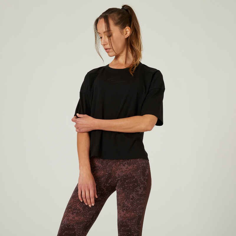T-Shirt Fitness 520 weit hoher Baumwollanteil Damen schwarz
