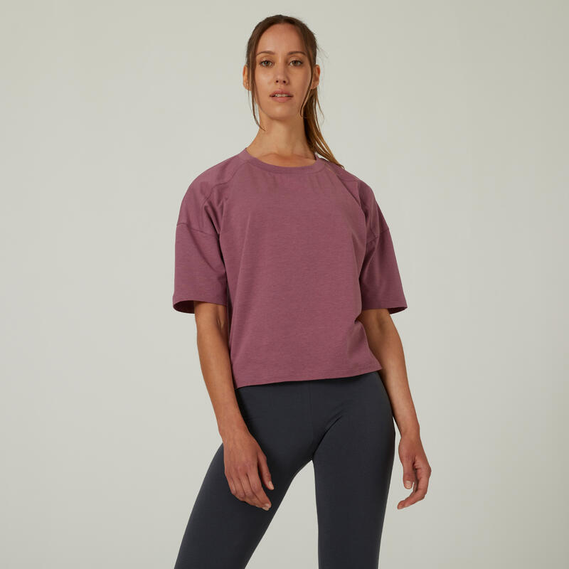 T-shirt fitness manches courtes large col rond coton femme - 520 Loose raisin