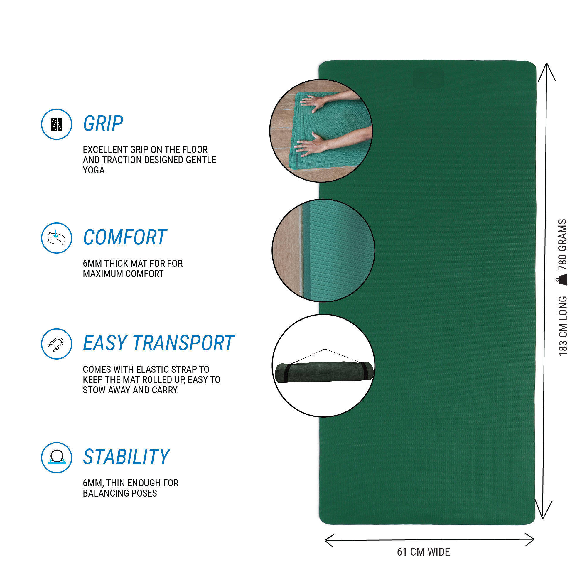 Yoga Mat 6mm Thick, 183 x 61 cm, Better Grip with Carry Strap – Green -  4