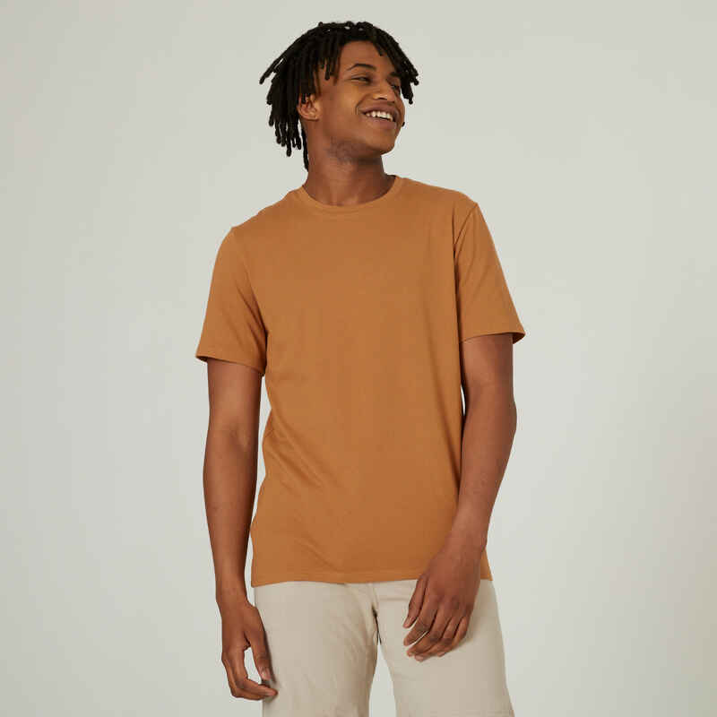 Men's Short-Sleeved Straight-Cut Crew Neck Cotton Fitness T-Shirt 500 - Chestnut