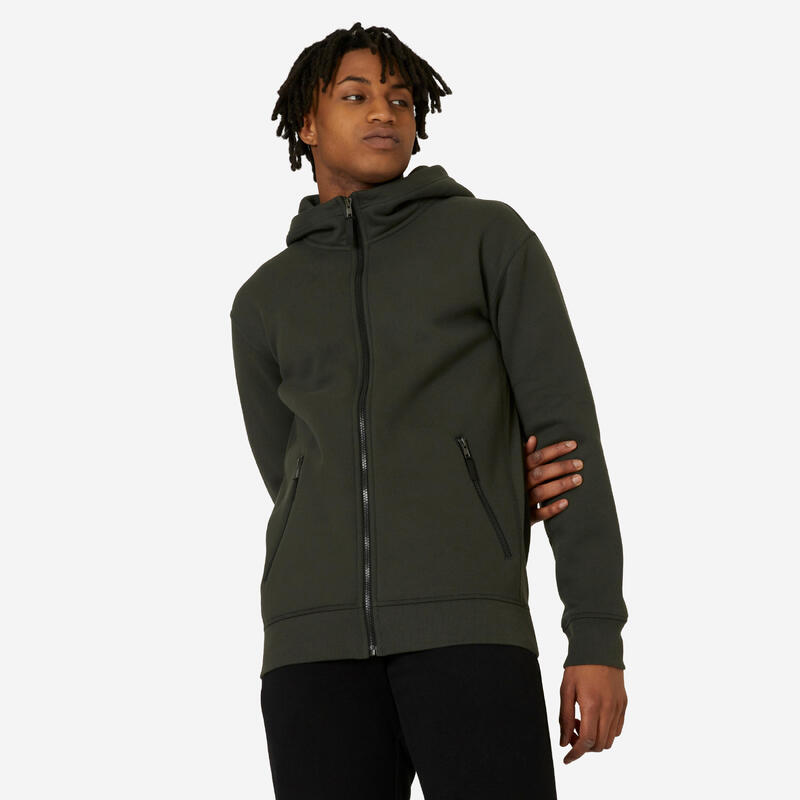 Sweatshirt de Fitness Homem Capuz e Fecho Verde-escuro