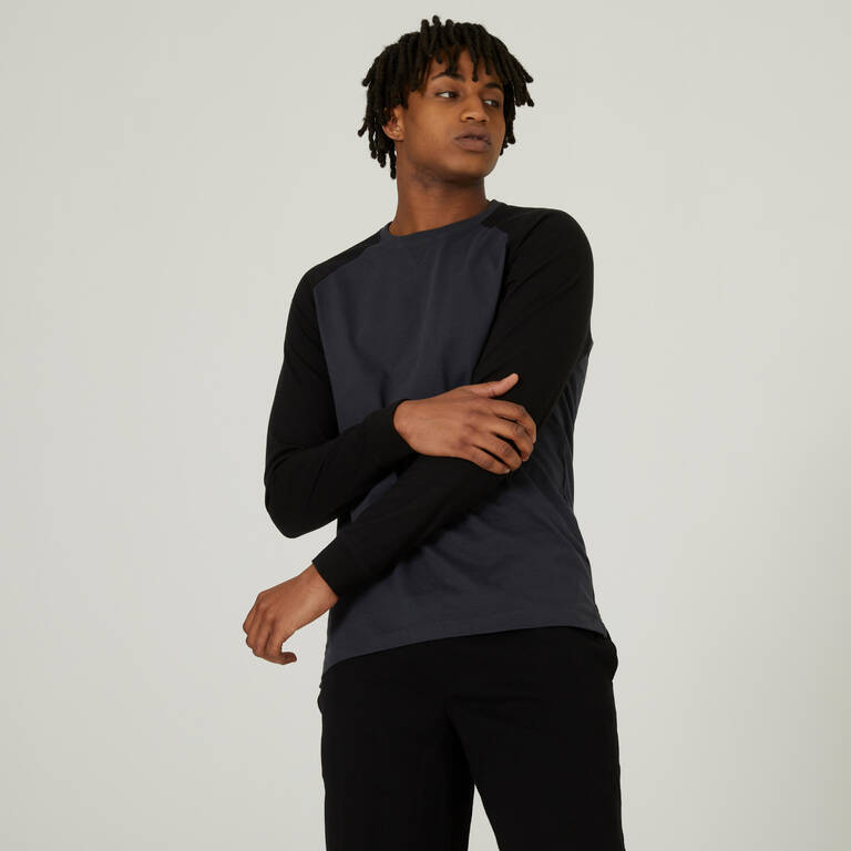 Men Tshirt Long Sleeve Regular Fit 520 for Gym- Grey/Black