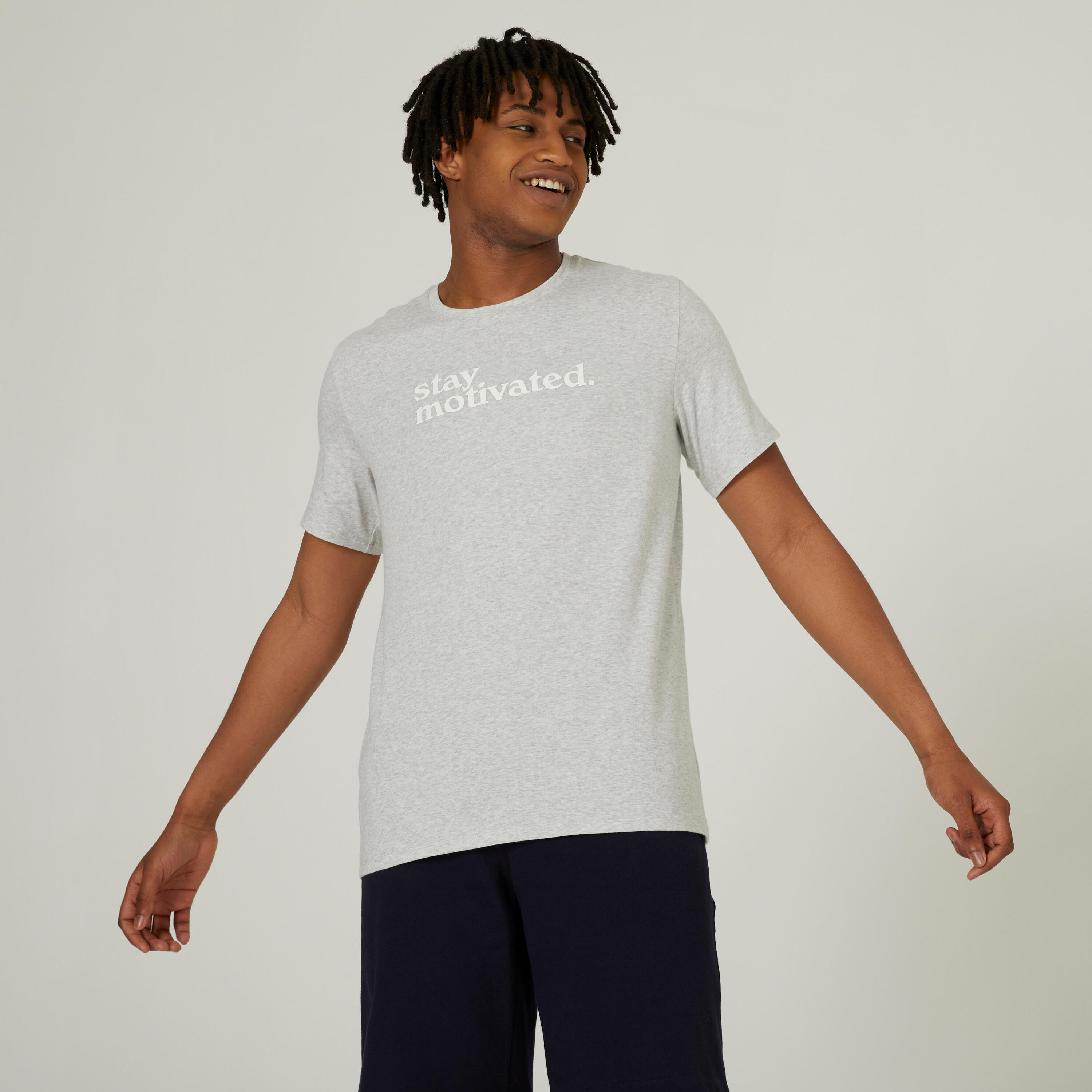 DOMYOS Men's Short-Sleeved Straight-Cut Crew Neck Cotton Fitness T-Shirt 500 - Grey