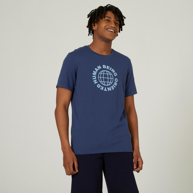 Camiseta fitness manga corta algodón extensible Hombre Domyos 500 azul