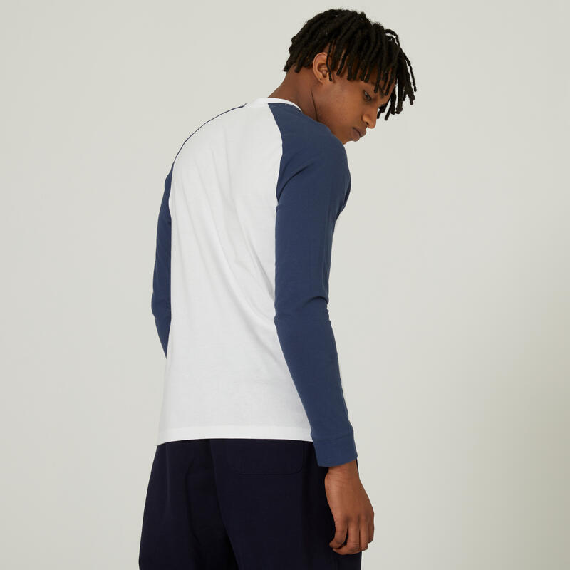 T-shirt uomo fitness 520 maniche lunghe cotone bianco-azzurro