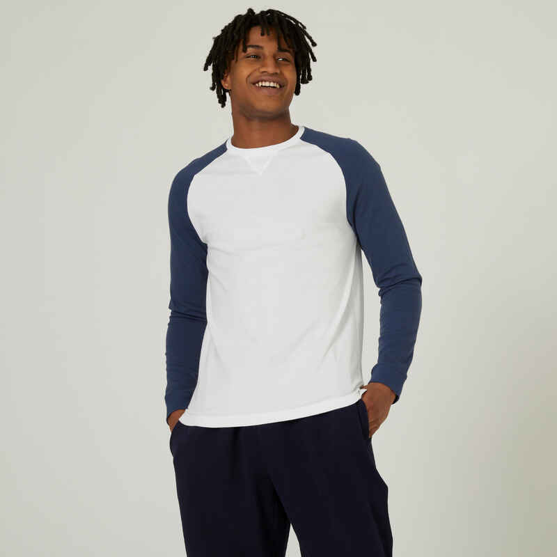 Men's Straight-Cut Long-Sleeved Cotton Fitness T-Shirt 520 - White & Blue