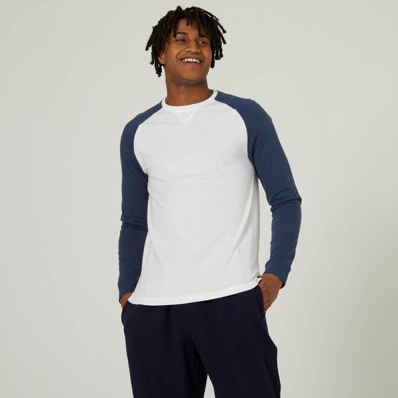 Camiseta fitness manga larga recta algodón Hombre Domyos 520 blanco y azul