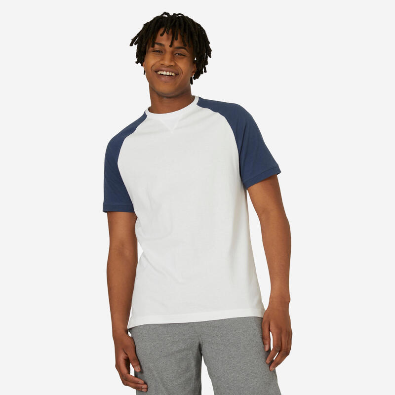 T-shirt uomo fitness 520 regular cotone bianca-azzurra