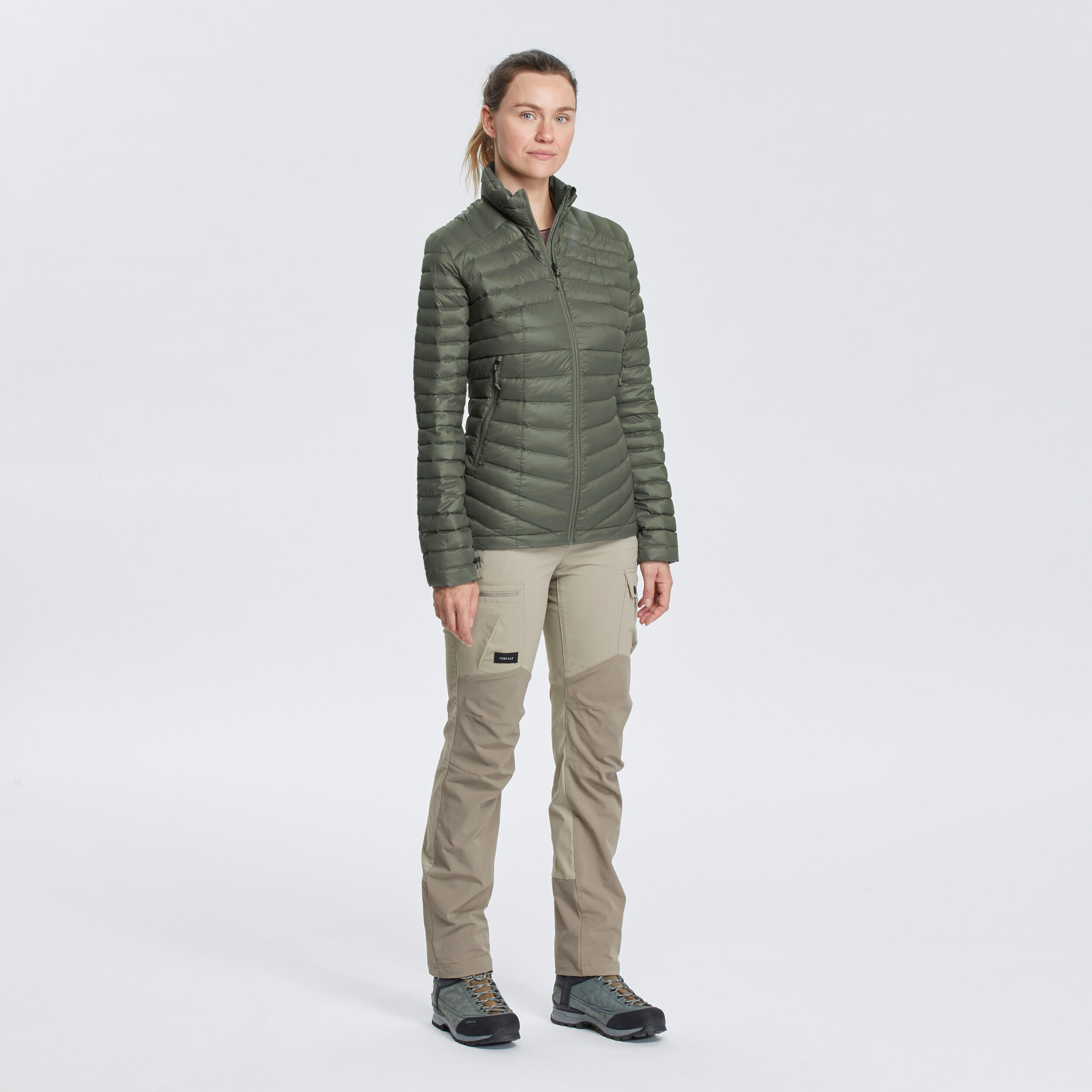 Women's Down Hiking Jacket - MT 100 Khaki - Khaki brown, Grey