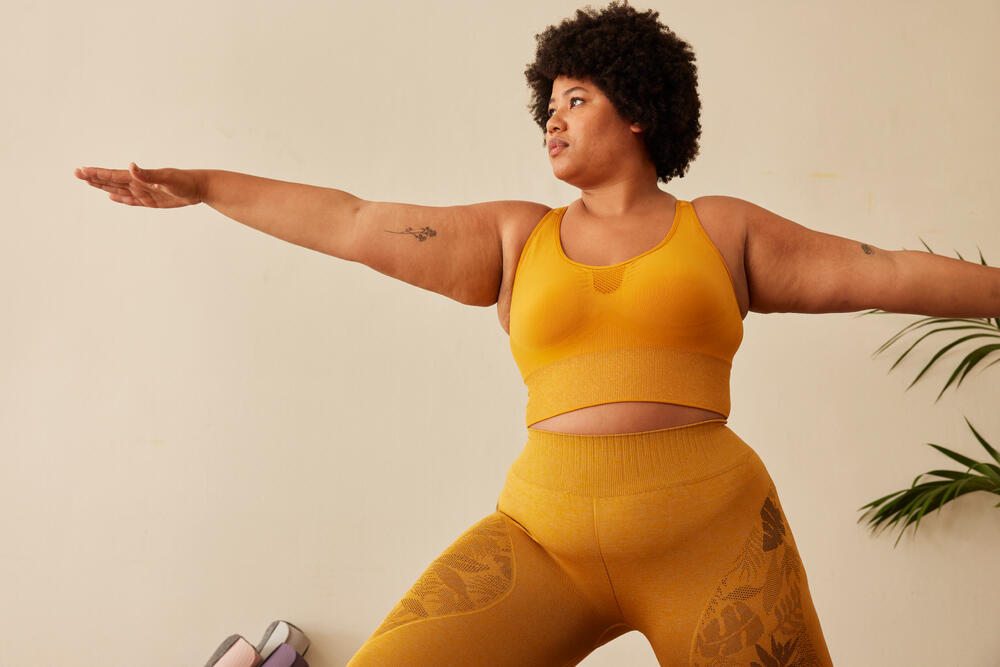 DECATHLON KIMJALY Women's Yoga Sports Bra Dynamic - Black - Yellow Ochre