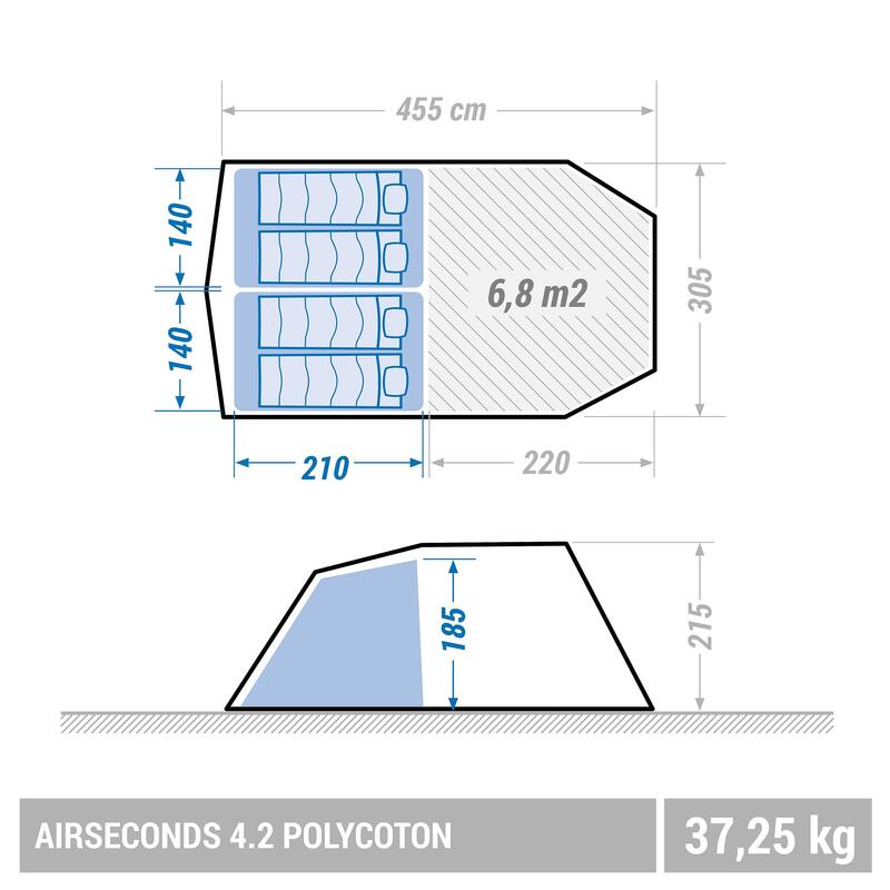 Kampeertent AirSeconds 4.2 polykatoen opblaasbaar 4 personen 2 binnententen