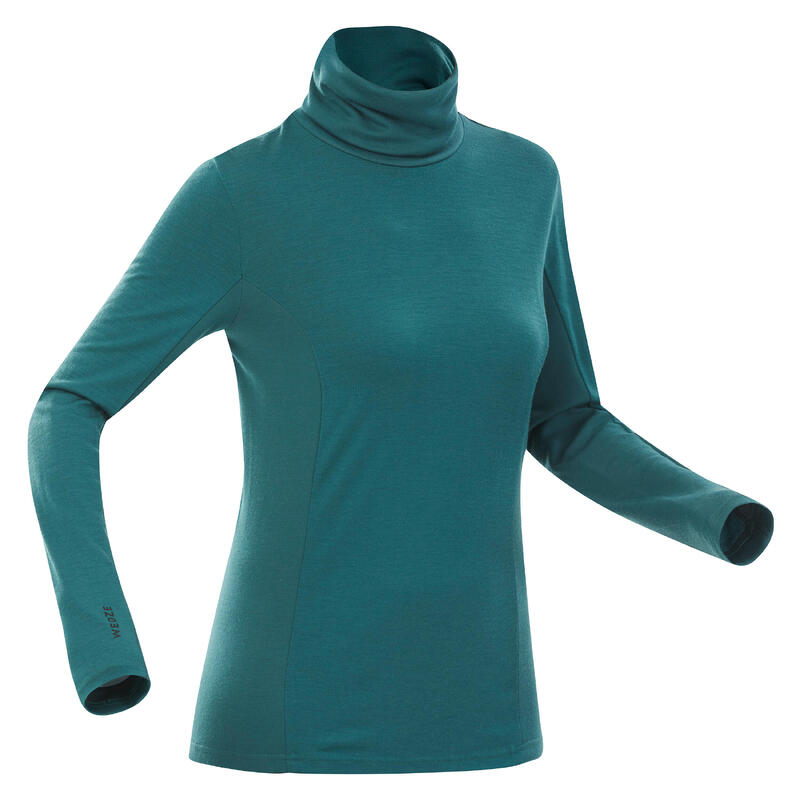 Merino thermoshirt voor skiën dames BL900 opstaande kraag turquoisegroen