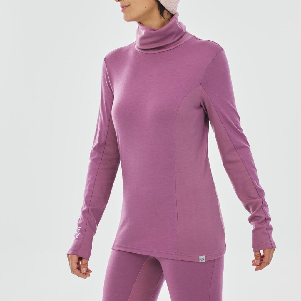 Women's Breathable Ski Base Layer Merino Wool Turtleneck Top BL500 - Pink