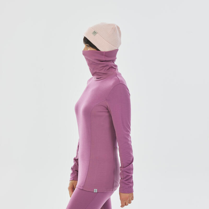 Merino thermoshirt voor skiën dames BL900 opstaande kraag paars
