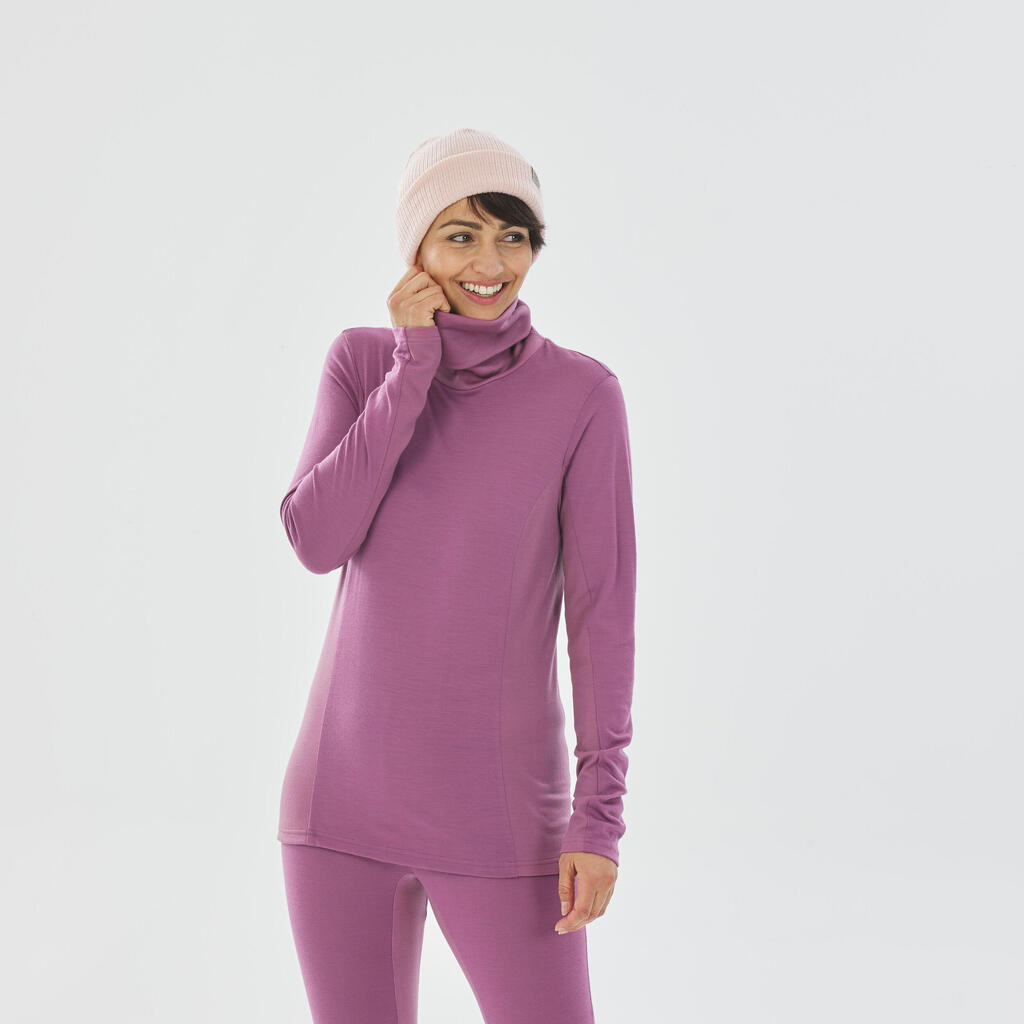 Women's Breathable Ski Base Layer Merino Wool Turtleneck Top BL500 - Pink