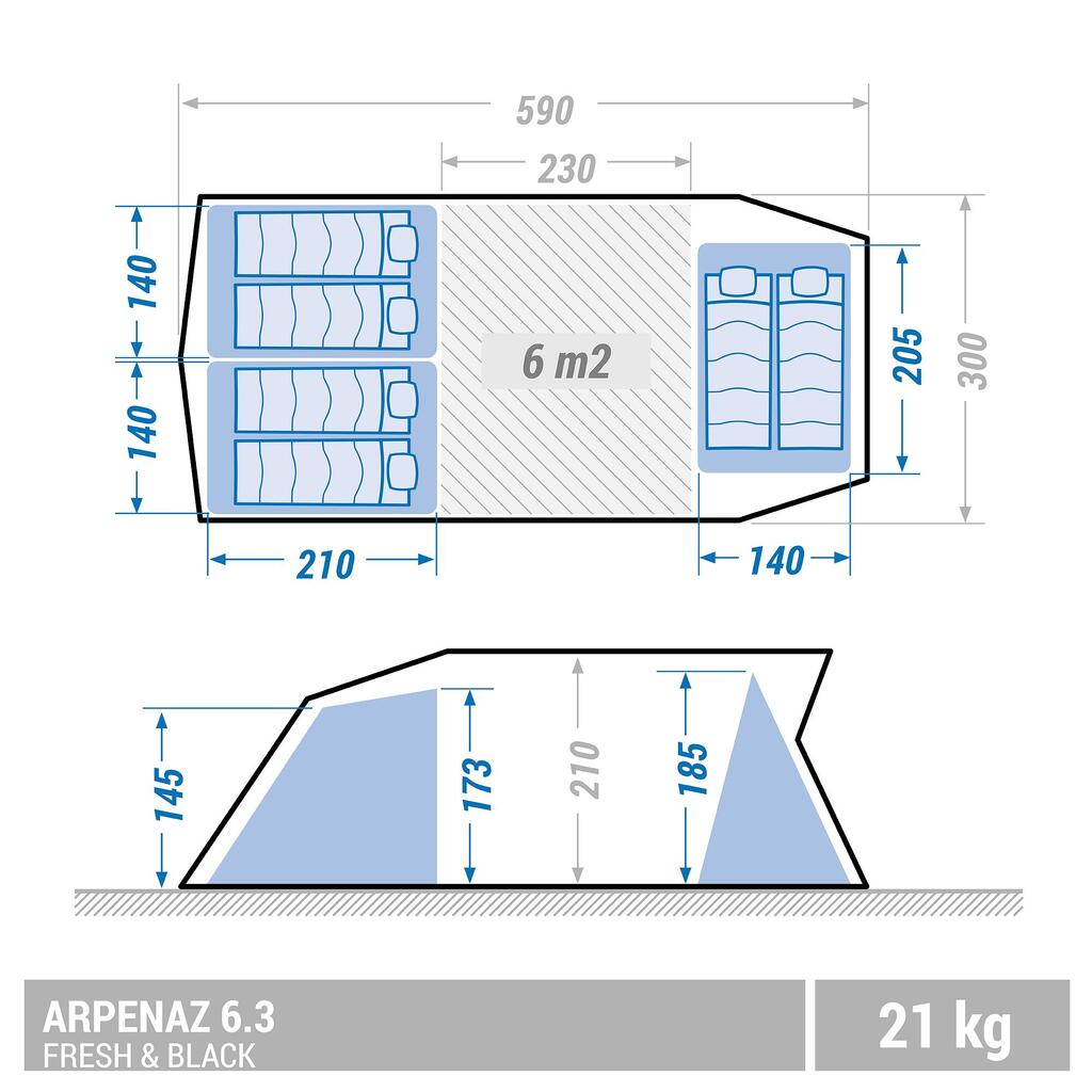 Palapinė su lankais „Arpenaz 6.3 F&B“, šešiavietė, 3 erdvės miegojimui