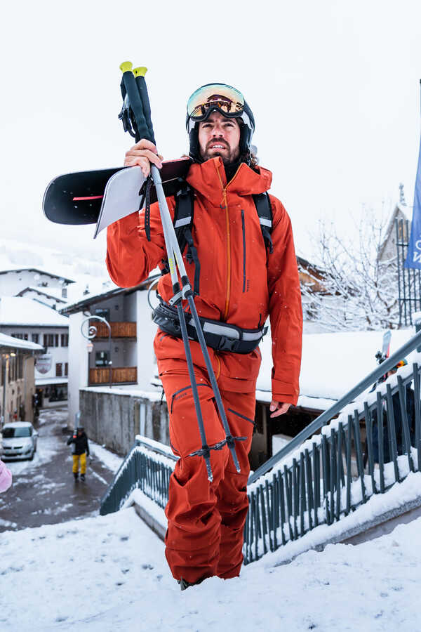 A person wearing ski pants
