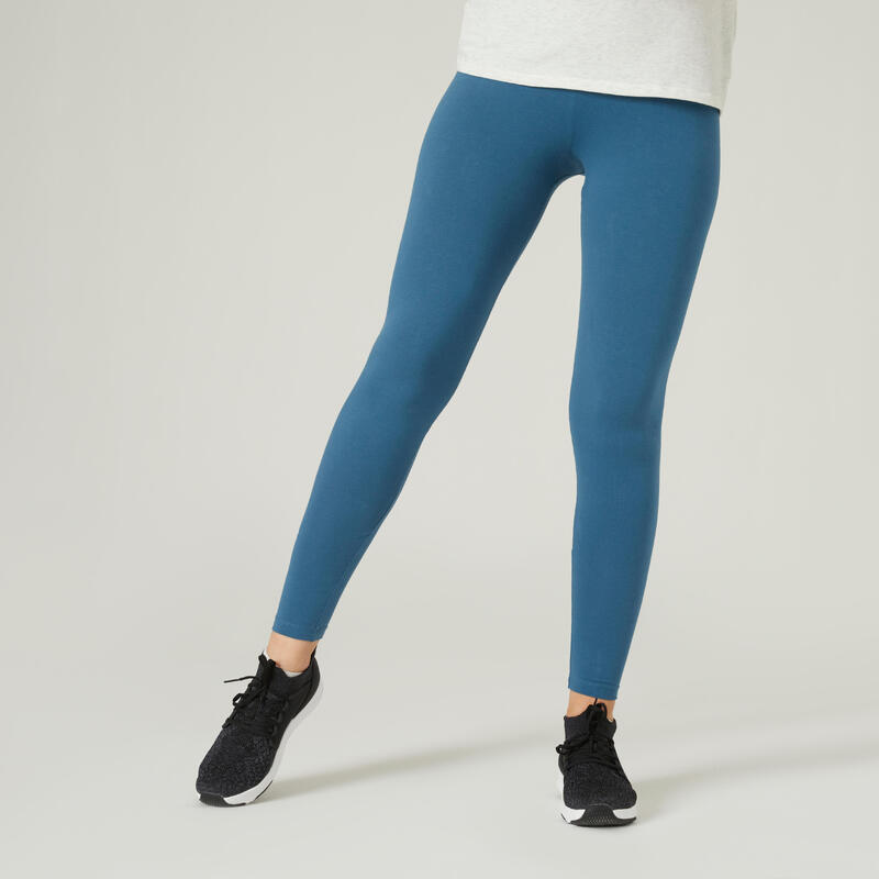 Leggings mallas fitness algodón efecto vientre plano Mujer Domyos Fit 500 azul
