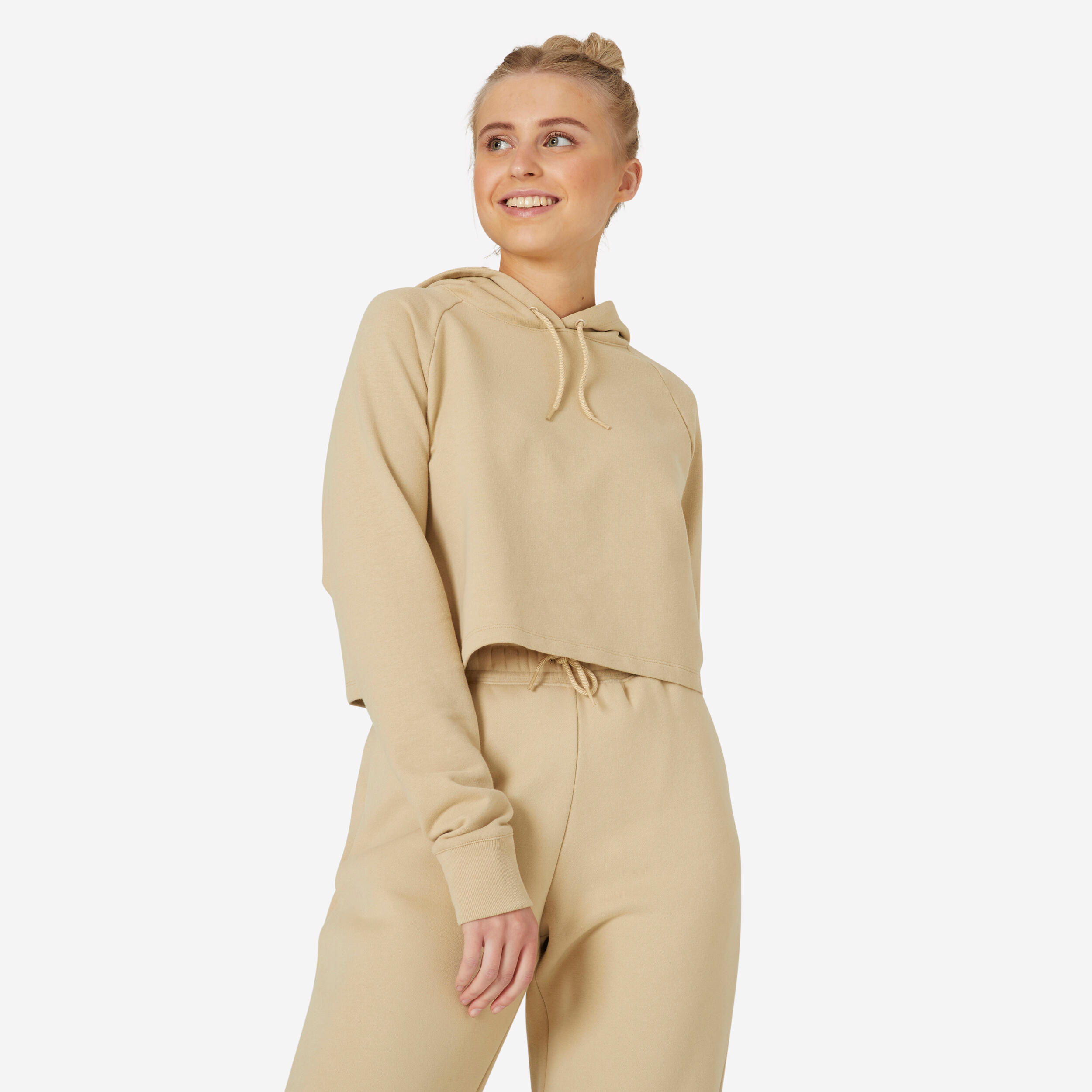 Sweat capuche Crop fitness femme 520 Beige Decathlon