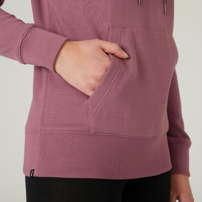 Sweat à capuche long fitness femme - 500 Essentials raisin