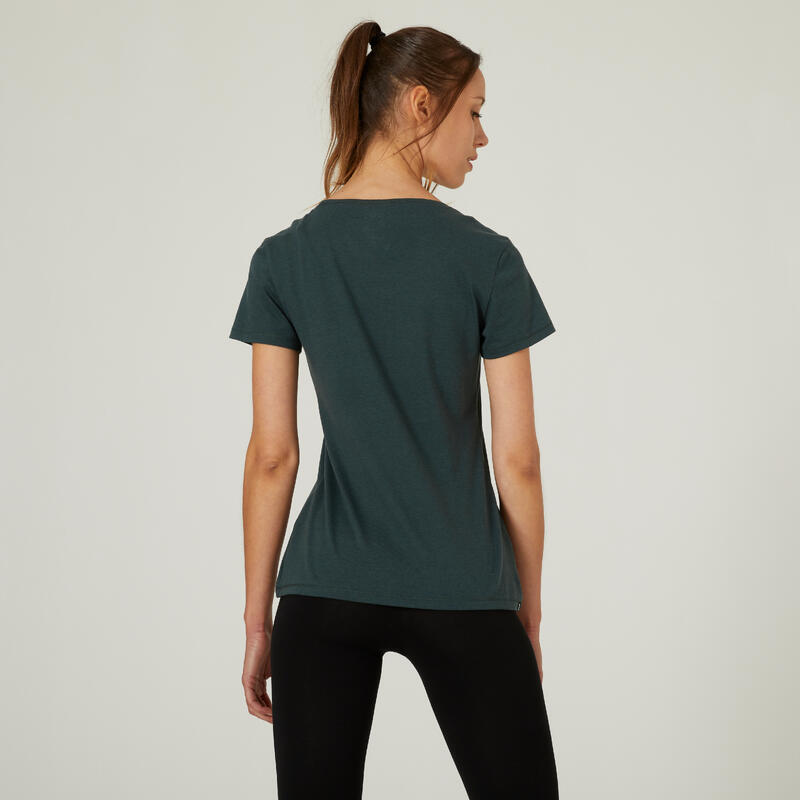 T-shirt fitness manches courtes col rond coton femme - 500 vert mélèze