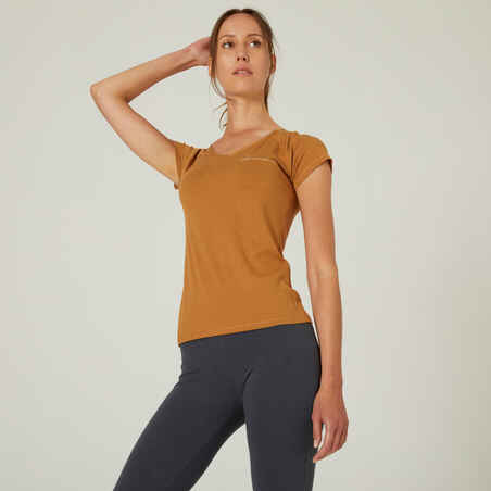 Women's Short-Sleeved Slim-Fit V-Neck Cotton Fitness T-Shirt 500 - Hazelnut