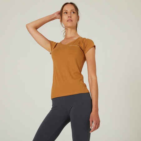 Majica kratkih rukava za fitnes 500 slim fit ženska smeđa