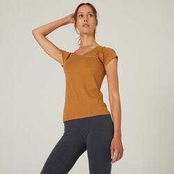 Camiseta fitness manga corta algodón cuello de pico slim Mujer Domyos marrón