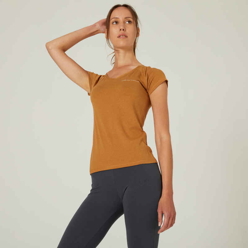 T-Shirt Fitness 500 Slim Baumwolle V-Ausschnitt Damen braun  Media 1