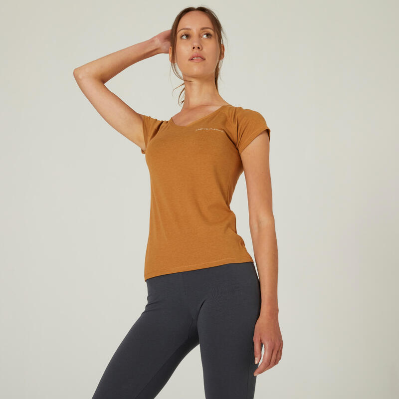 Women's Short-Sleeved Slim-Fit V-Neck Cotton Fitness T-Shirt 500 - Hazelnut