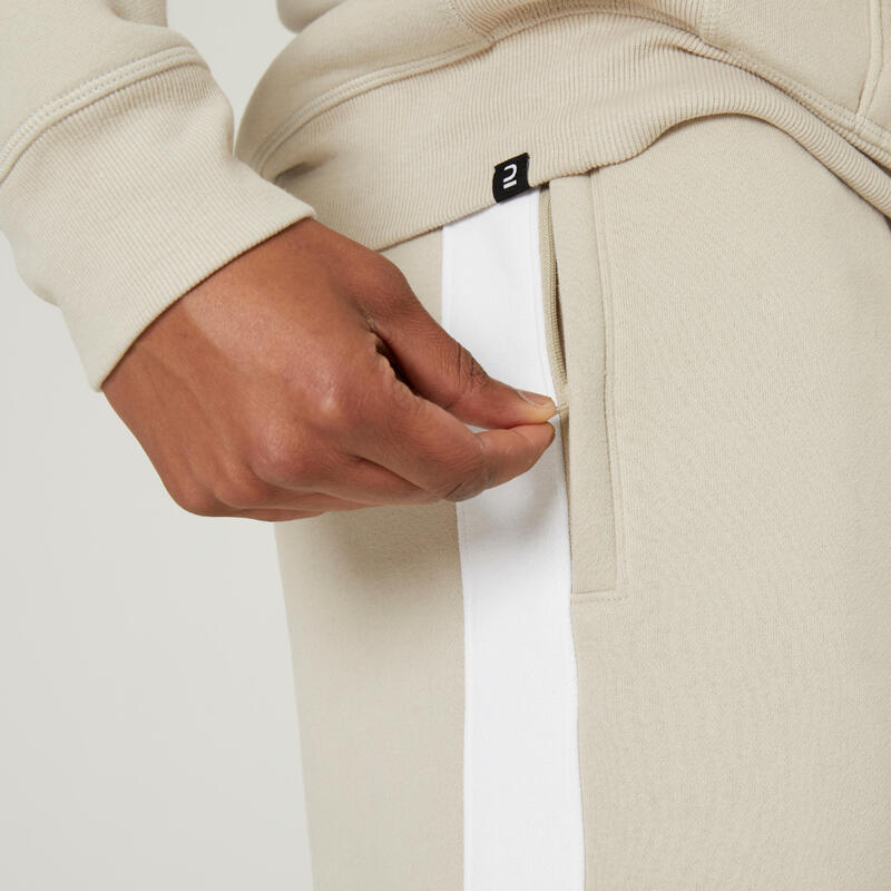Pantaloni uomo fitness regular misto cotone felpati tasca con zip beige
