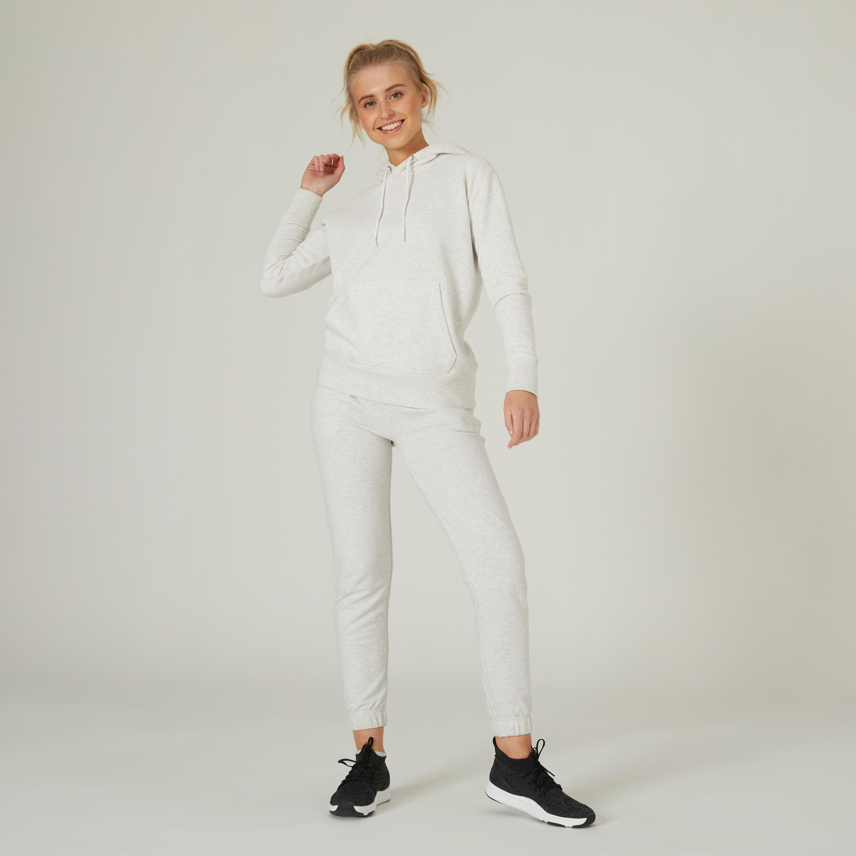 Sweat à capuche en coton fitness femme, blanc coton 14/15