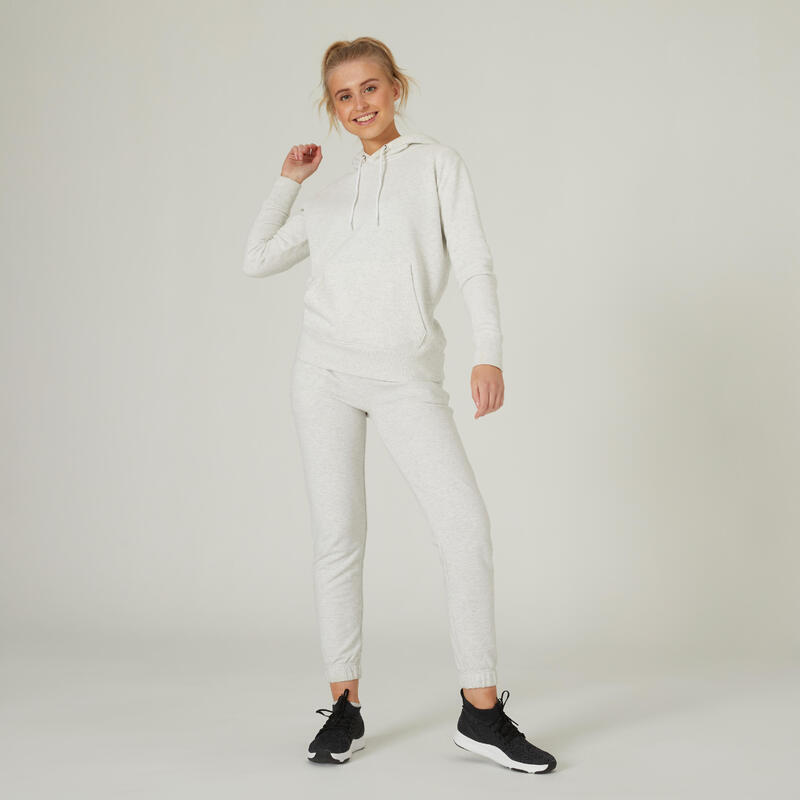 Lange fitness hoodie voor dames 500 Essentials gebroken wit