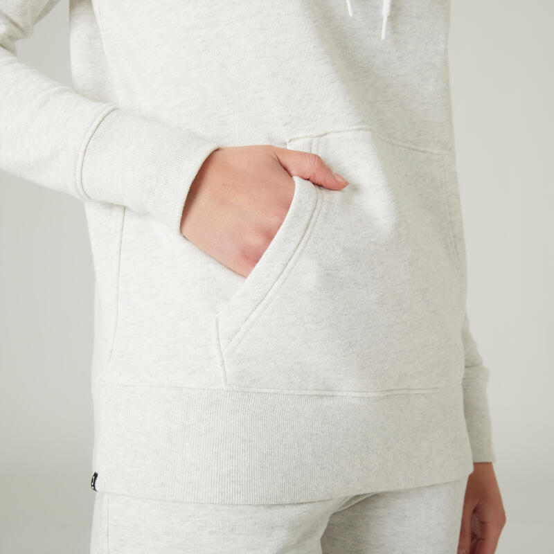 Lange fitness hoodie voor dames 500 Essentials gebroken wit