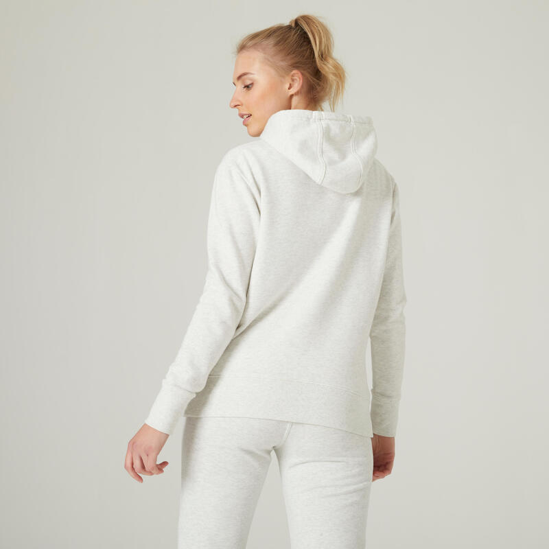 Sweat à capuche long fitness femme, blanc coton