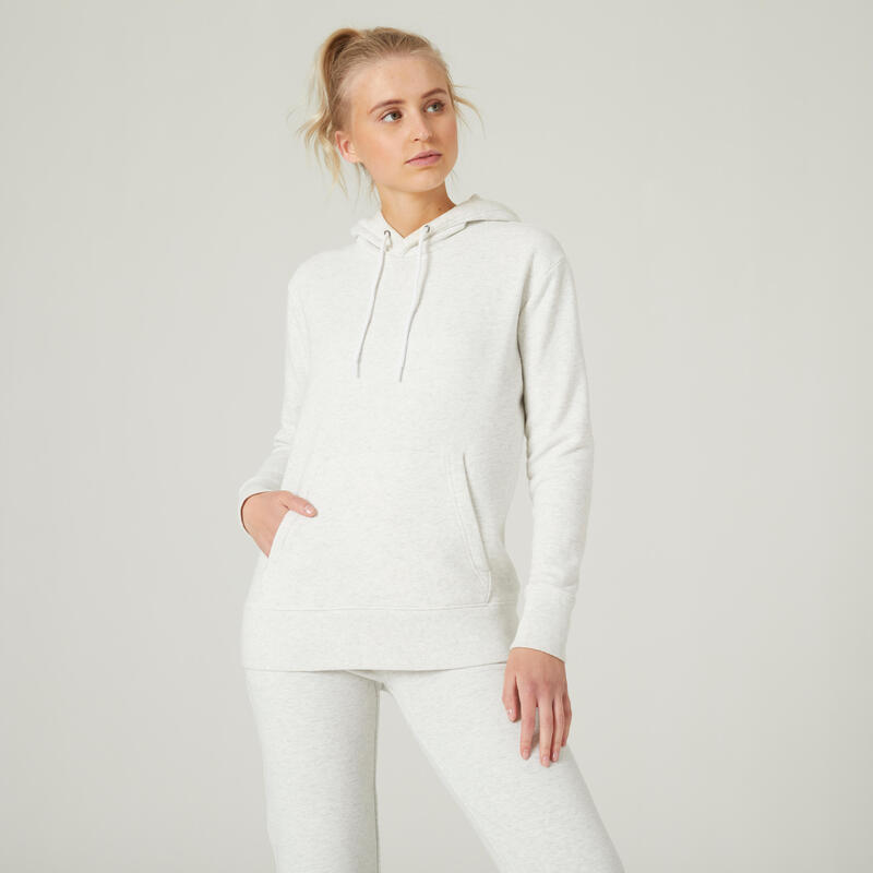 Sweat à capuche long fitness femme, blanc coton