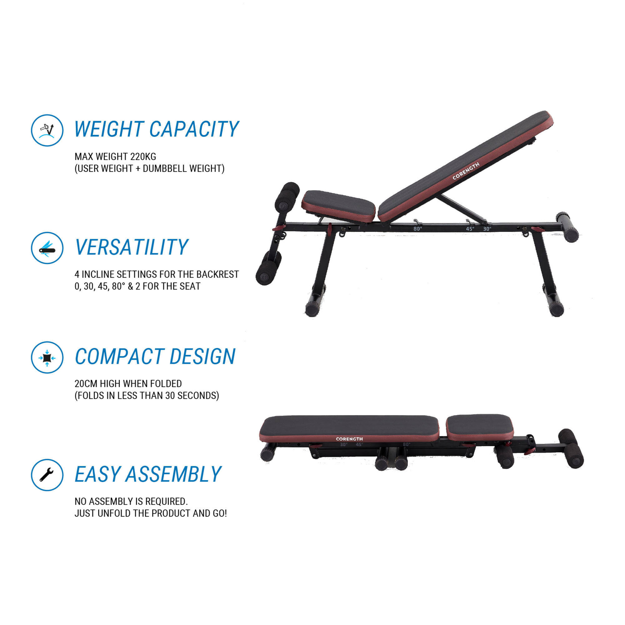 Gym Weight Bench, Foldable, 4 Incline levels, Supports upto 220kg, 500 - Black -  3