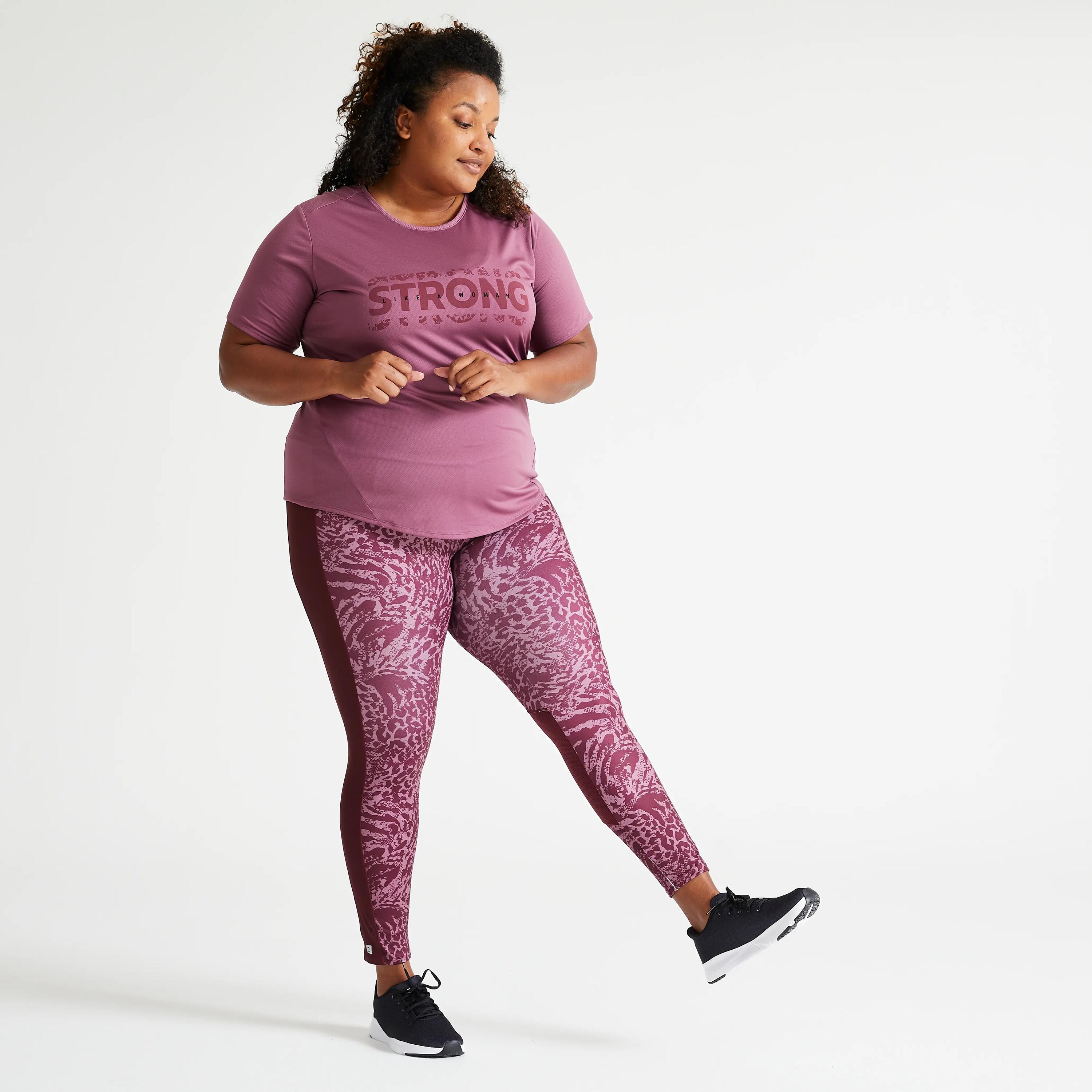 Women's plus size sports leggings with pocket, pink and burgundy print 2/6