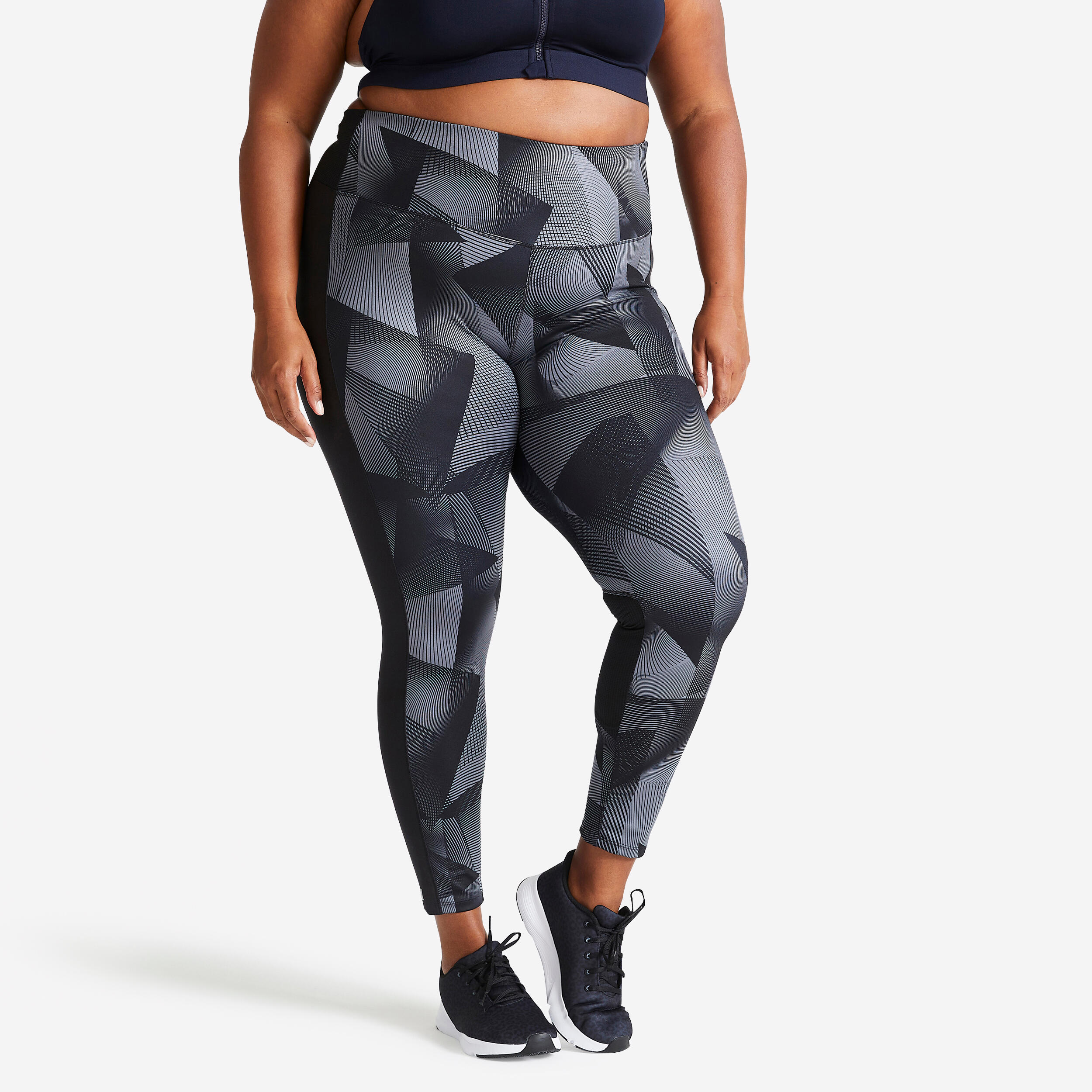 Women's Plus-Size Fitness Cardio Leggings with Pocket - Black/Grey DOMYOS