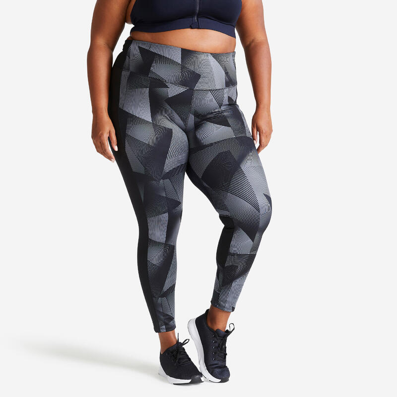 Dameslegging voor cardiofitness smartphonezak grote maat print grijs/zwart