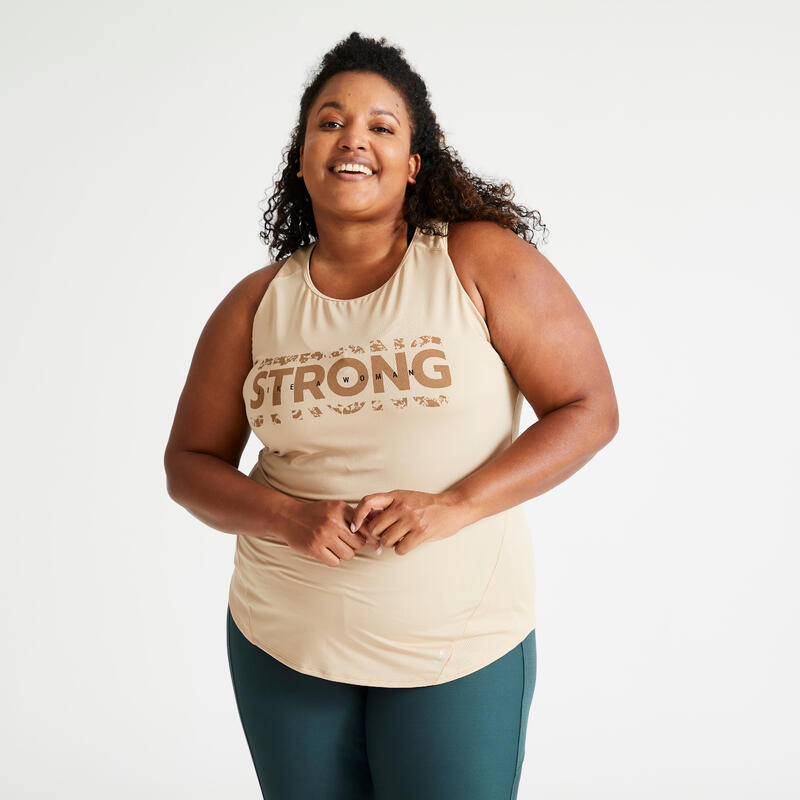 Camiseta fitness sin mangas tirantes corte entallado Mujer beige