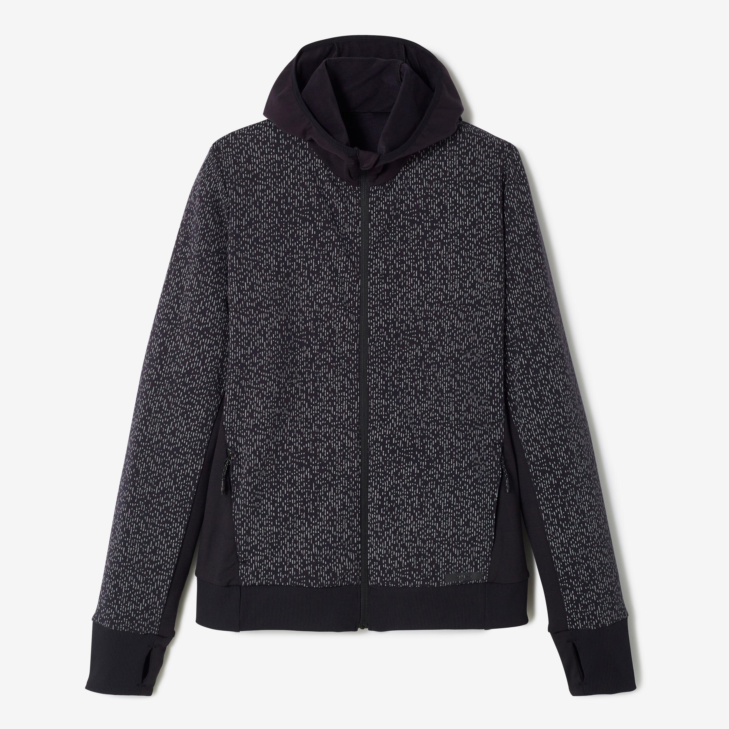 Women's running hooded jacket - Warm black with reflective motifs