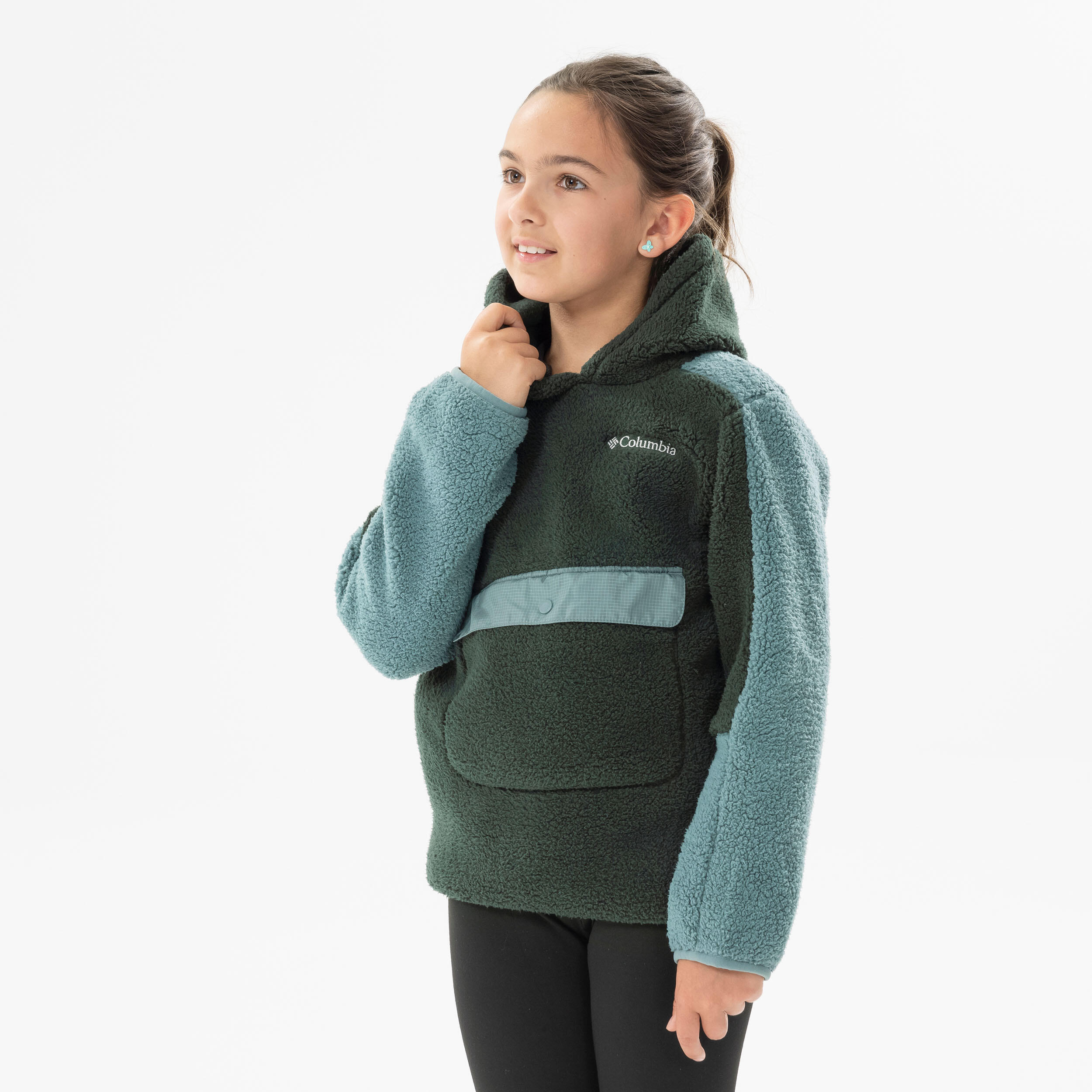 Kids’ Hiking Fleece - Columbia Sherpa Hoodie - Aged 7-15 - Green 1/7