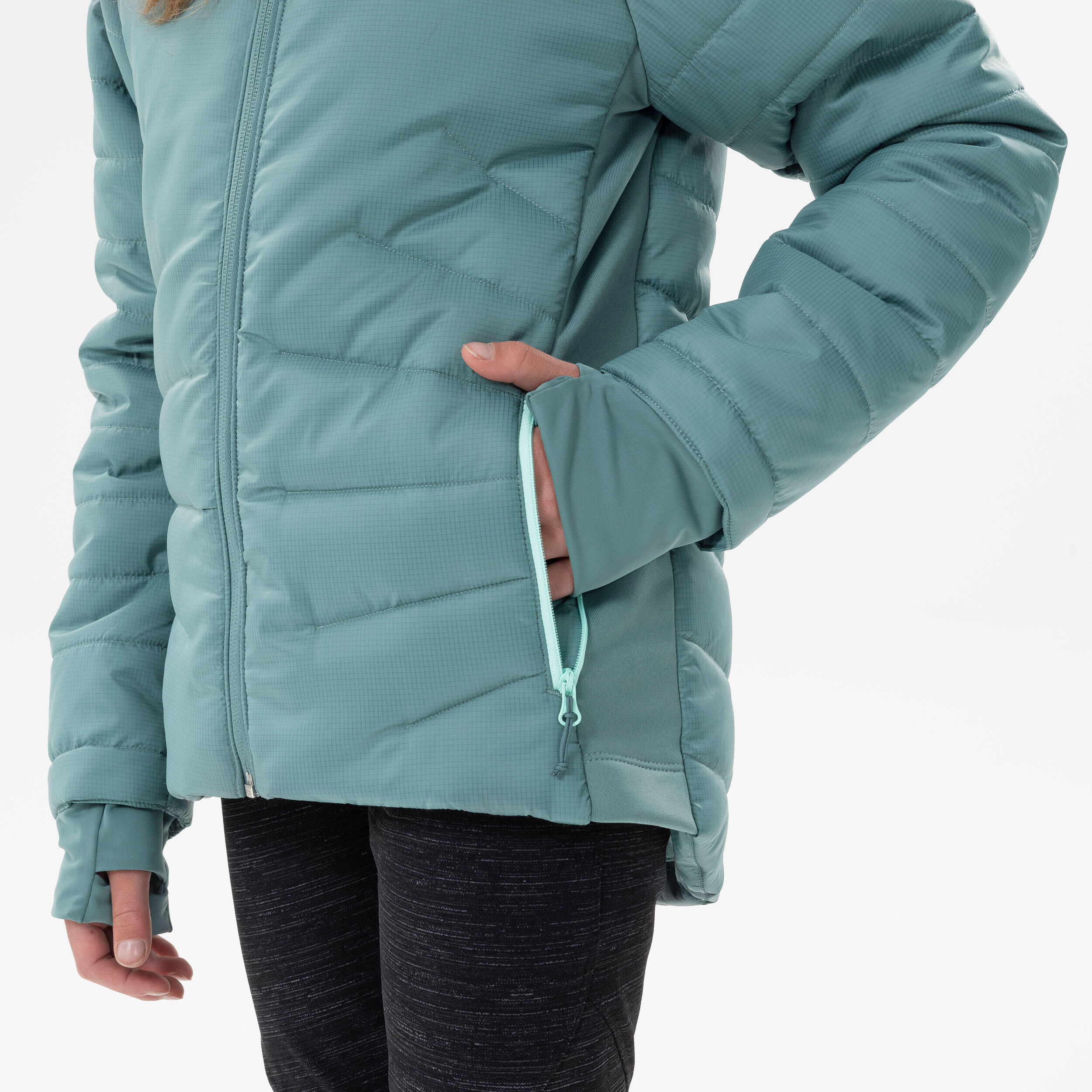 KIDS’ PADDED HIKING JACKET - HYBRID AGED 7-15 - PASTEL GREEN 7/8