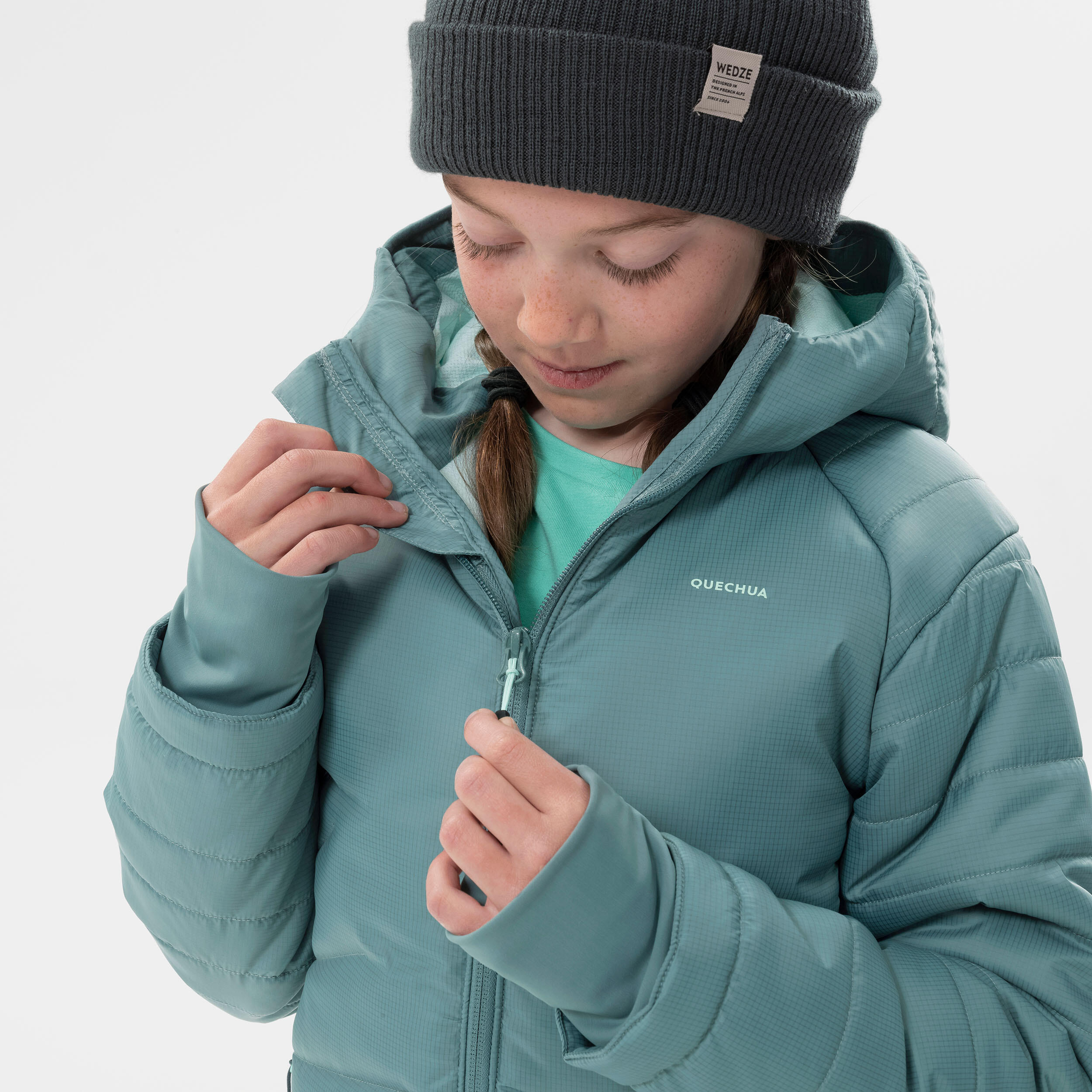 KIDS’ PADDED HIKING JACKET - HYBRID AGED 7-15 - PASTEL GREEN