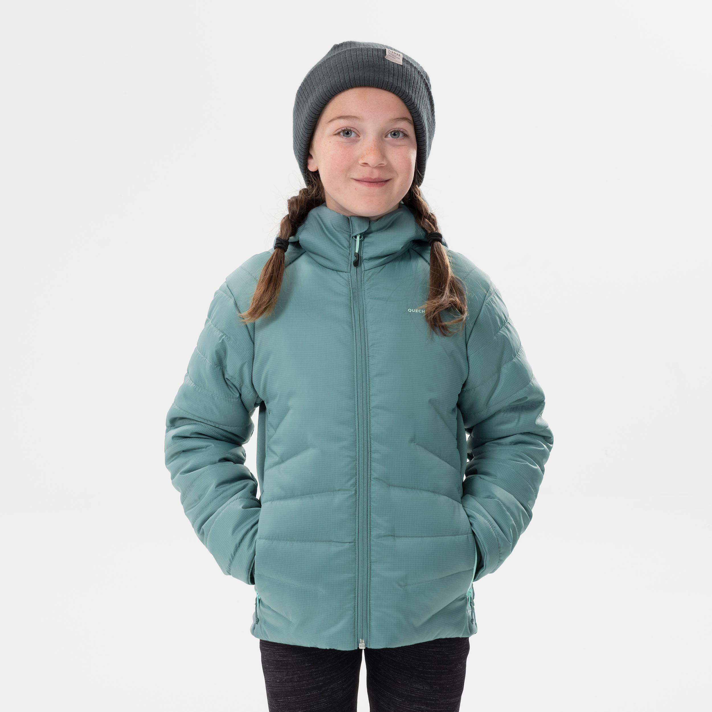 KIDS’ PADDED HIKING JACKET - HYBRID AGED 7-15 - PASTEL GREEN 3/8