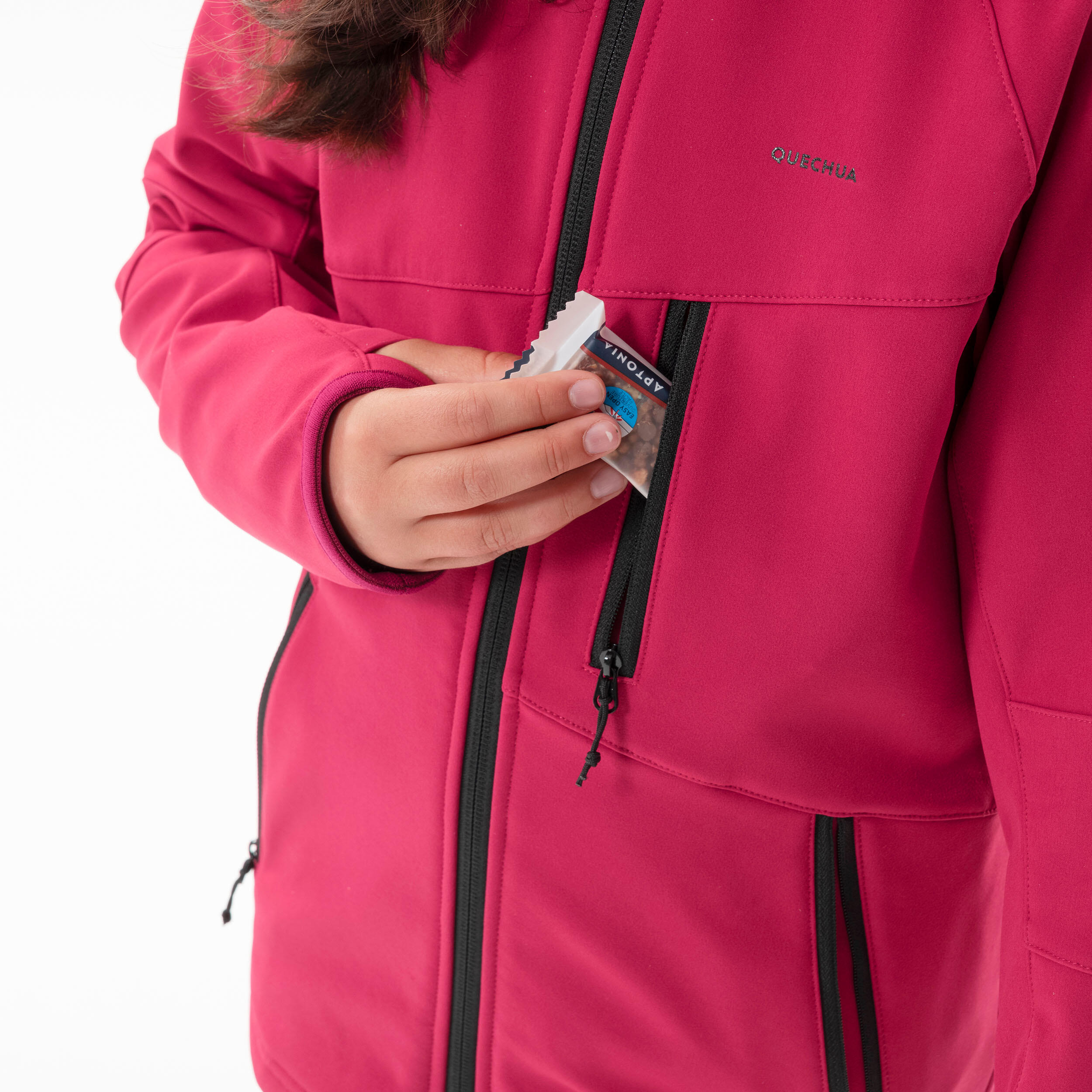 SOFTSHELL HIKING JACKET - MH550 RASPBERRY - CHILDREN 7-15 YEARS