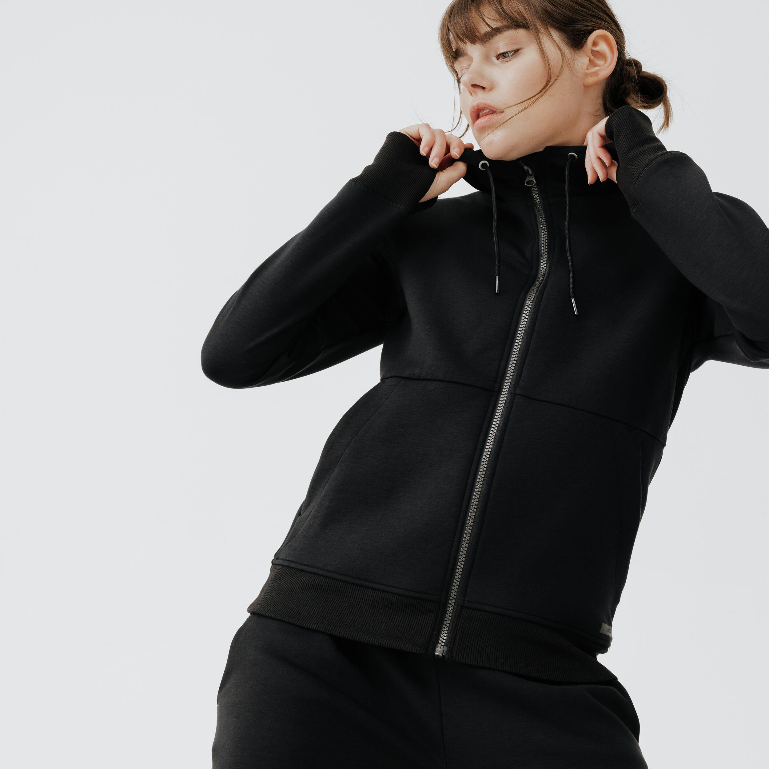 500 women's warm running/jogging hoodie - black 3/9