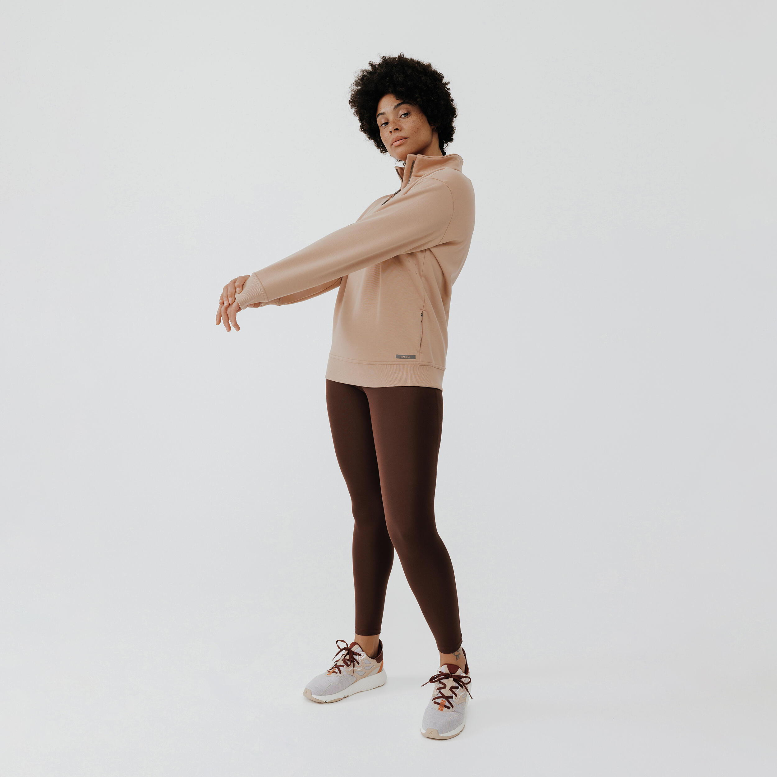 Women's zipped-collar running sweatshirt Warm + - beige 3/8